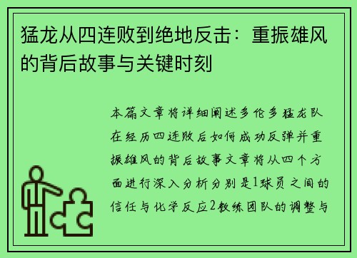 猛龙从四连败到绝地反击：重振雄风的背后故事与关键时刻